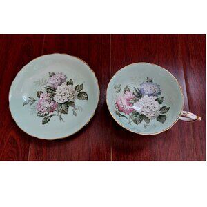 Vintage Paragon Tea Cup & Saucer England Hydrangeas with Turquoise Background